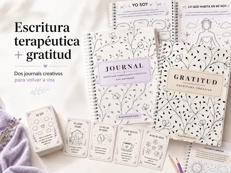 Journals abiertos con ejercicios guiados y tarjetas de consignas